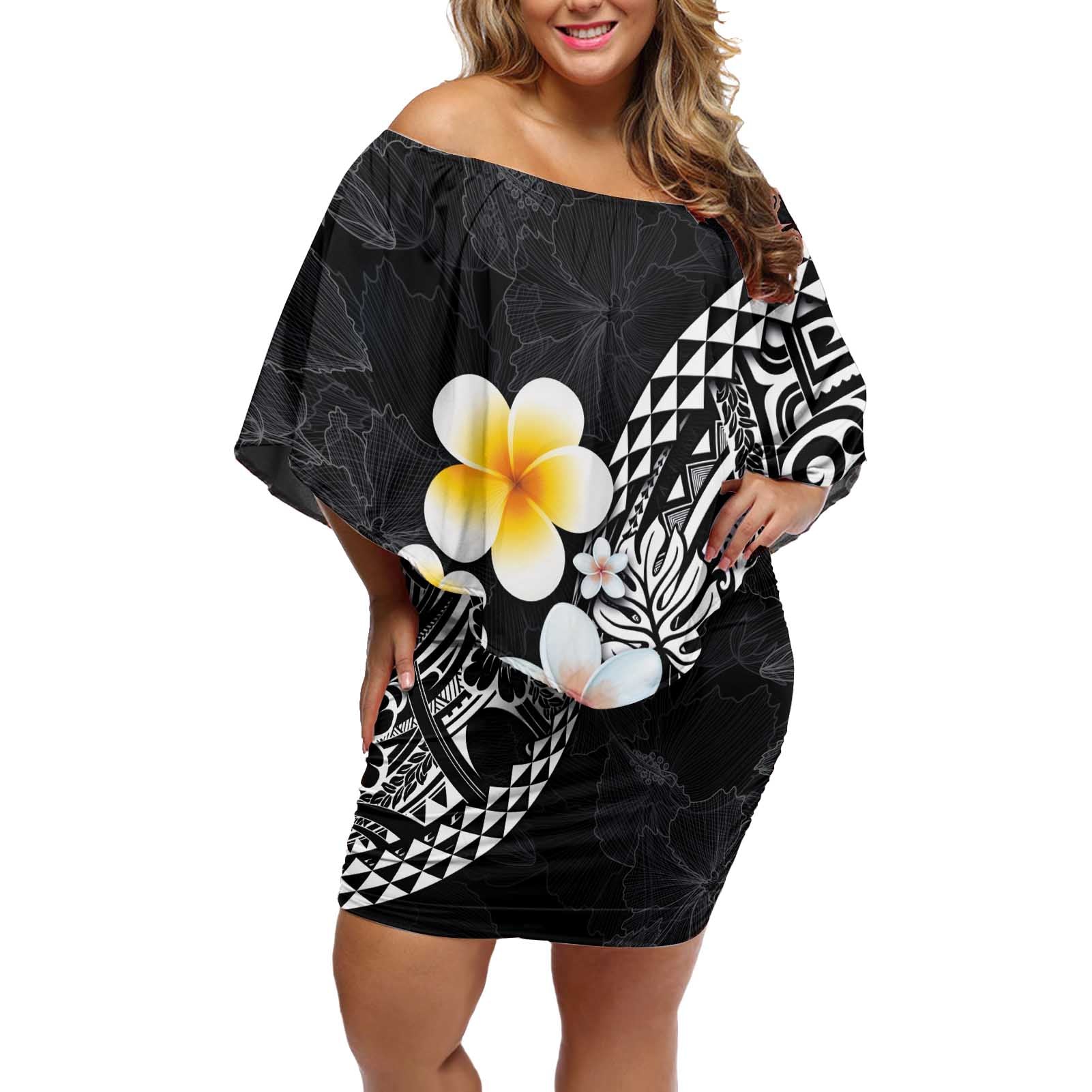 Hawaiian Hibiscus and Plumeria Polynesian Tribal Tattoo Off Shoulder Short Dress Black Color