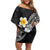 Hawaiian Hibiscus and Plumeria Polynesian Tribal Tattoo Off Shoulder Short Dress Black Color