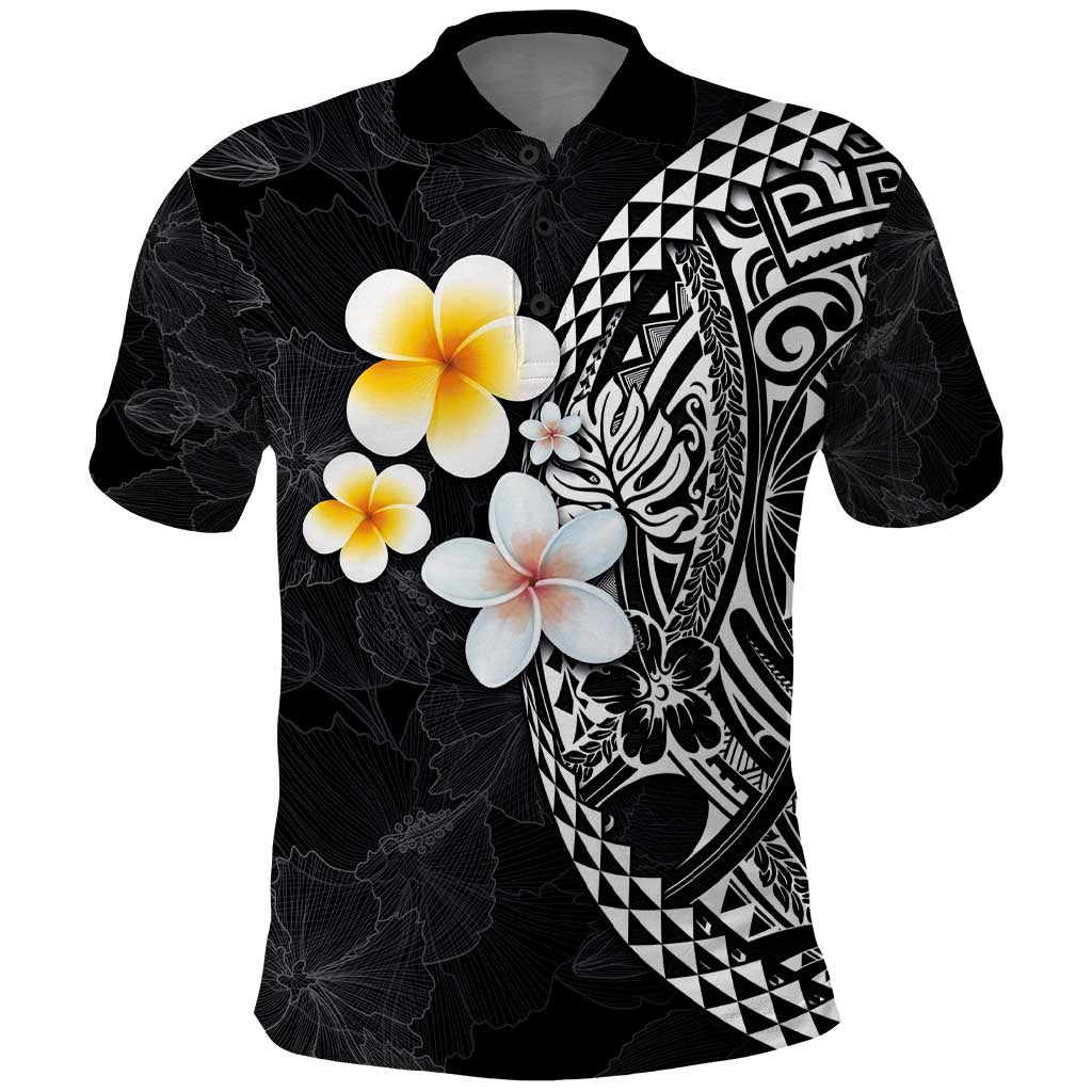 Hawaiian Hibiscus and Plumeria Polynesian Tribal Tattoo Polo Shirt Black Color