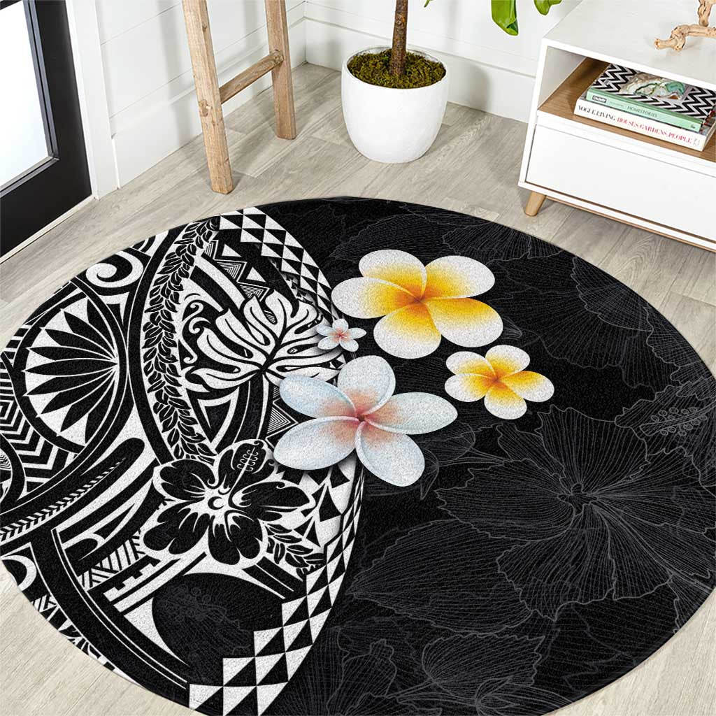 Hawaiian Hibiscus and Plumeria Polynesian Tribal Tattoo Round Carpet Black Color