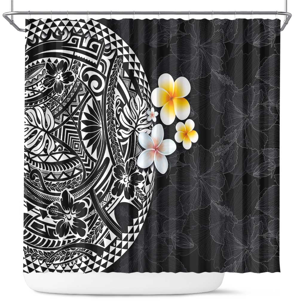 Hawaiian Hibiscus and Plumeria Polynesian Tribal Tattoo Shower Curtain Black Color