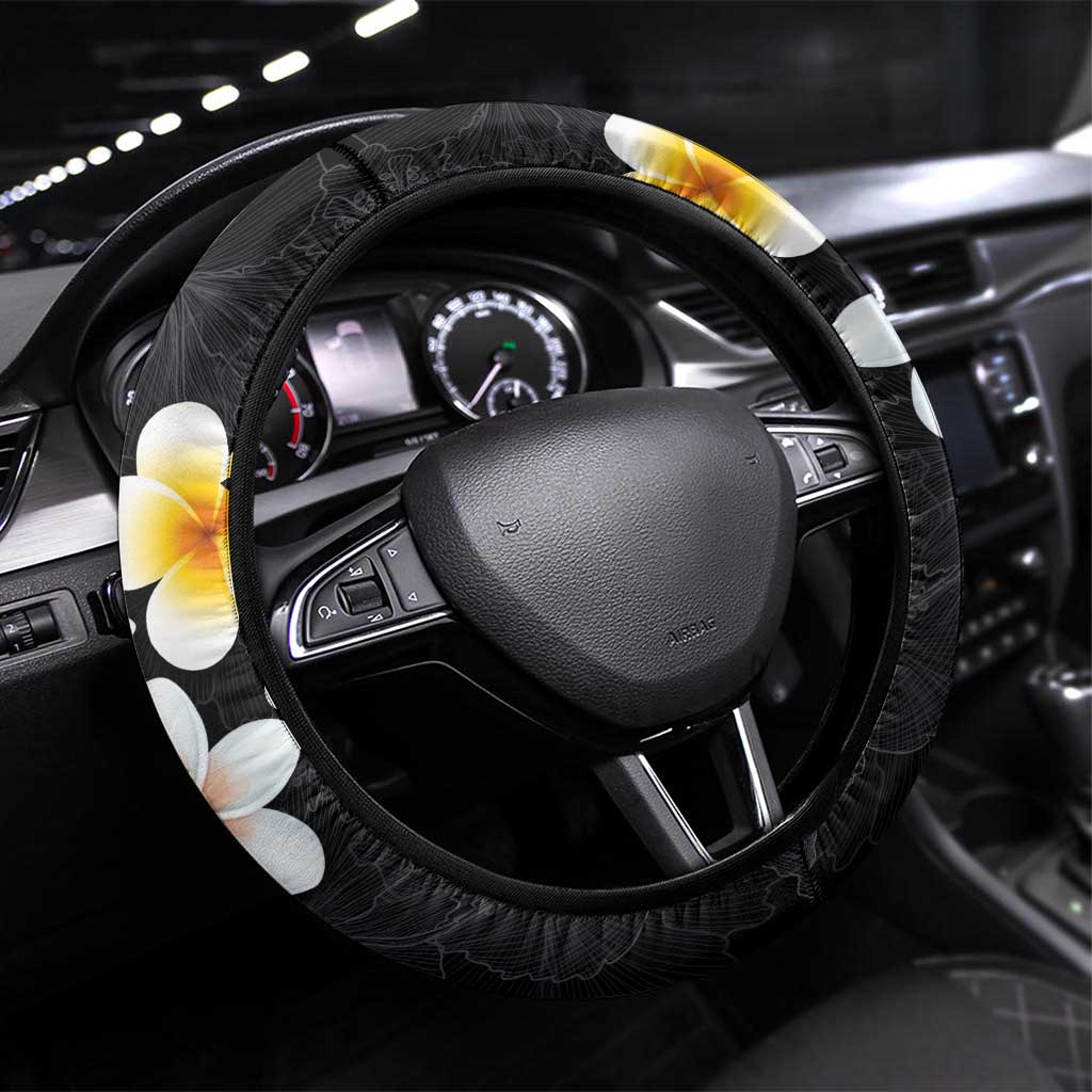 Hawaiian Hibiscus and Plumeria Polynesian Tribal Tattoo Steering Wheel Cover Black Color