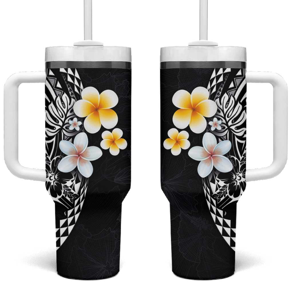 Hawaiian Hibiscus and Plumeria Polynesian Tribal Tattoo Tumbler With Handle Black Color