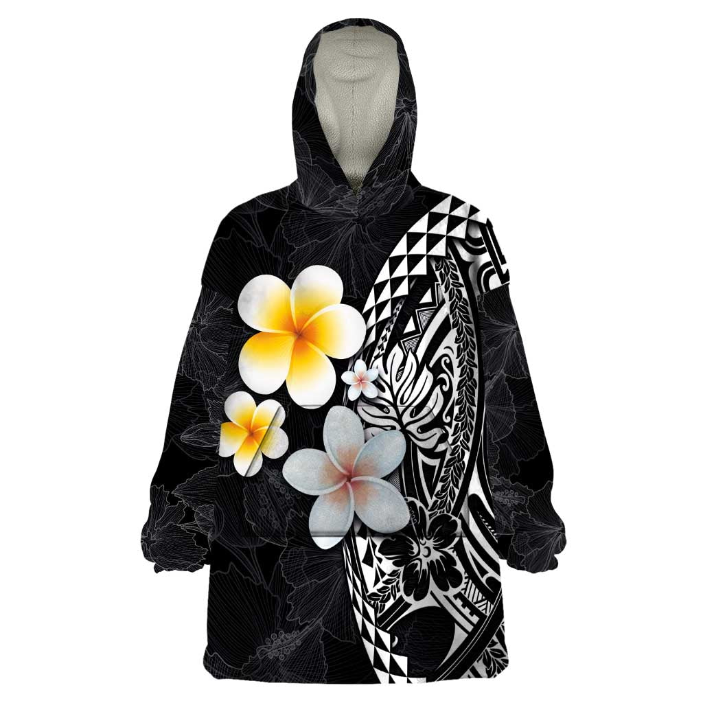 Hawaiian Hibiscus and Plumeria Polynesian Tribal Tattoo Wearable Blanket Hoodie Black Color