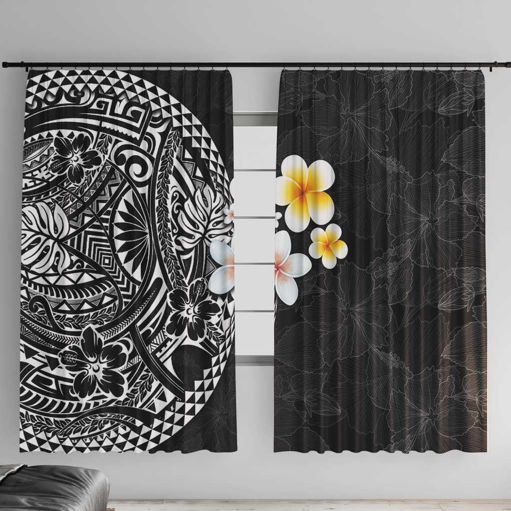 Hawaiian Hibiscus and Plumeria Polynesian Tribal Tattoo Window Curtain Black Color LT03 With Hooks Black - Polynesian Pride