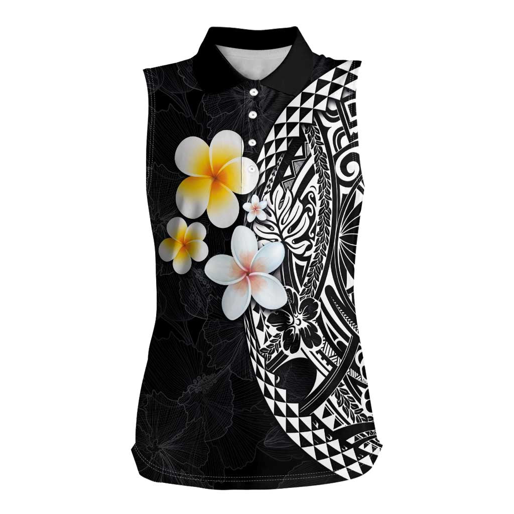 Hawaiian Hibiscus and Plumeria Polynesian Tribal Tattoo Women Sleeveless Polo Shirt Black Color