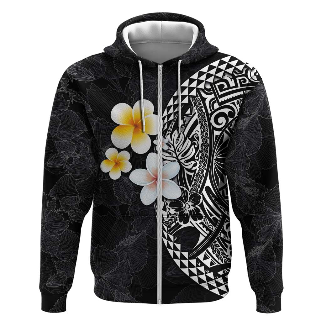 Hawaiian Hibiscus and Plumeria Polynesian Tribal Tattoo Zip Hoodie Black Color