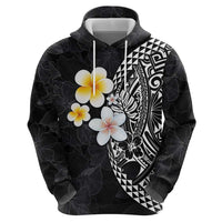 Hawaiian Hibiscus and Plumeria Polynesian Tribal Tattoo Zip Hoodie Black Color