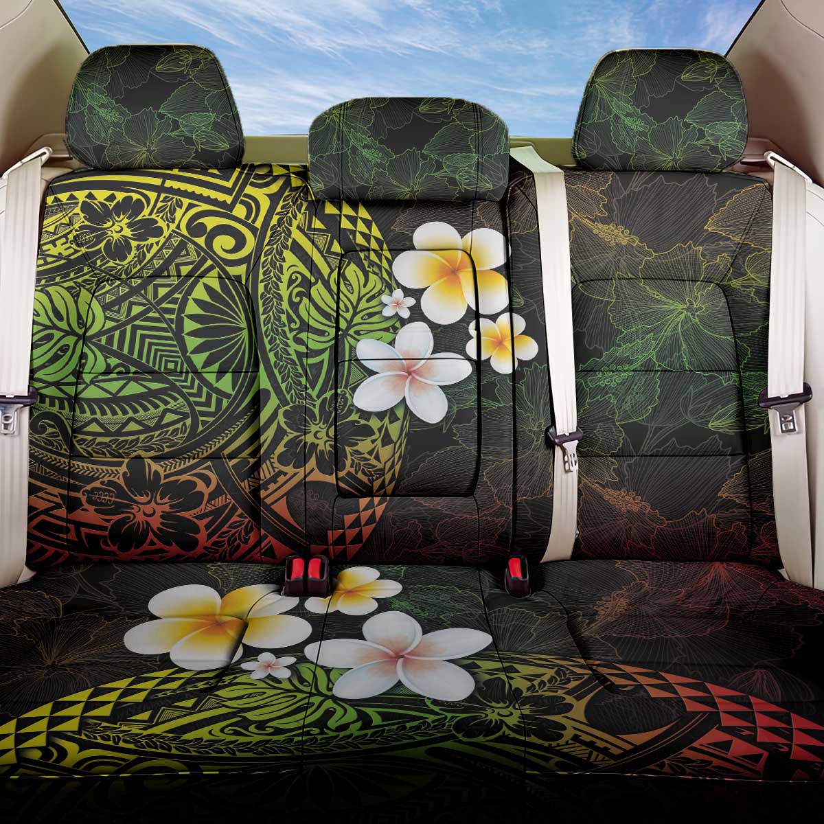 Hawaiian Hibiscus and Plumeria Polynesian Tribal Tattoo Back Car Seat Cover Reggae Color