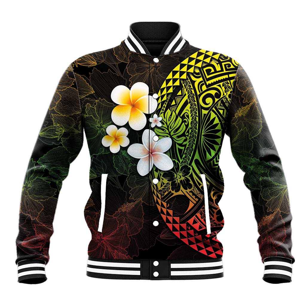 Hawaiian Hibiscus and Plumeria Polynesian Tribal Tattoo Baseball Jacket Reggae Color LT03 Unisex Reggae - Polynesian Pride