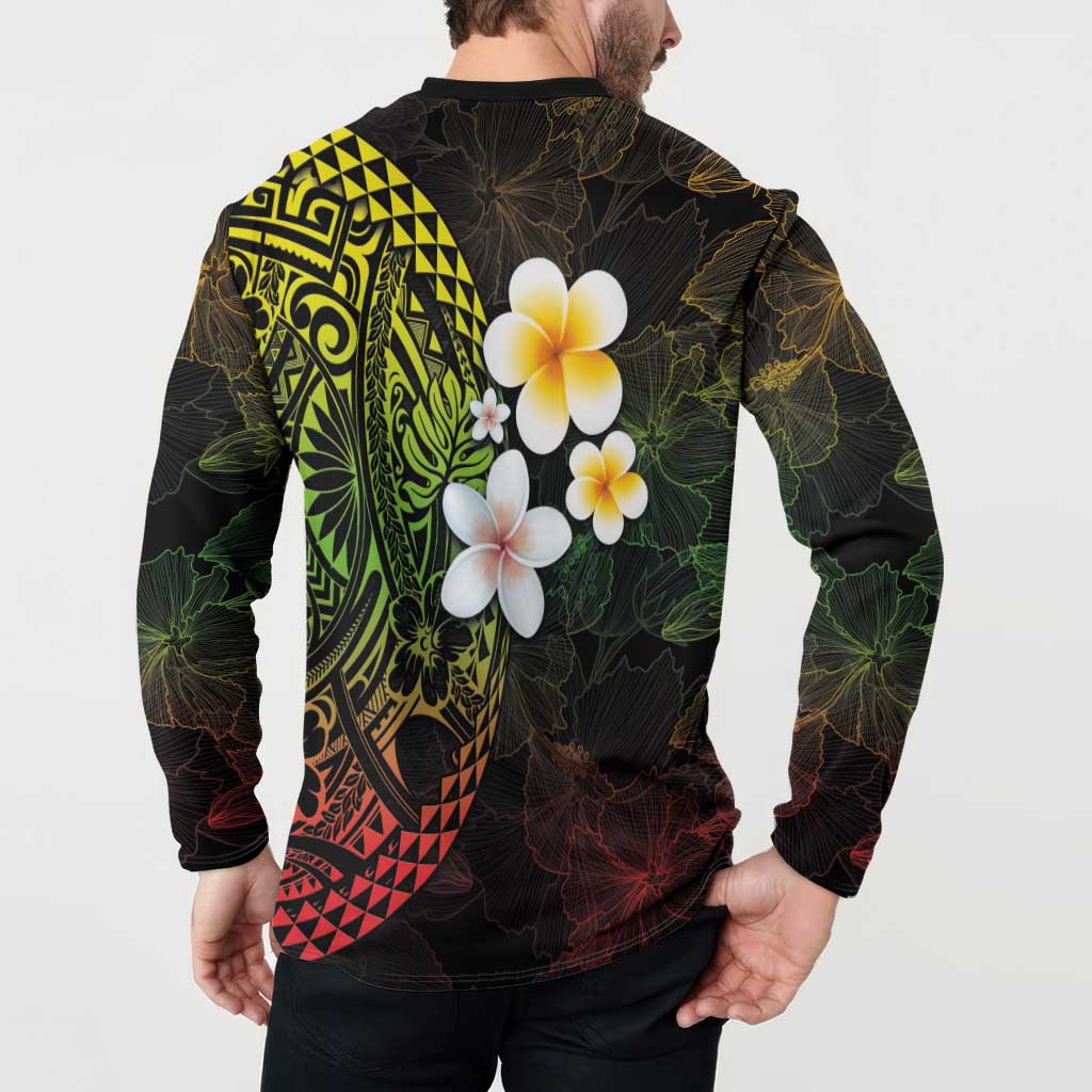 Hawaiian Hibiscus and Plumeria Polynesian Tribal Tattoo Button Sweatshirt Reggae Color LT03 - Polynesian Pride