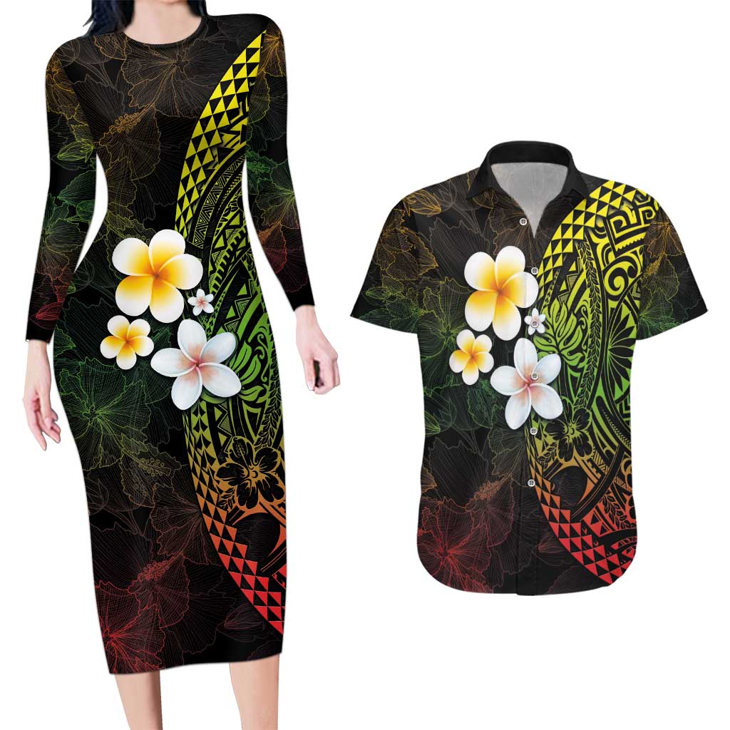 Hawaiian Hibiscus and Plumeria Polynesian Tribal Tattoo Couples Matching Long Sleeve Bodycon Dress and Hawaiian Shirt Reggae Color