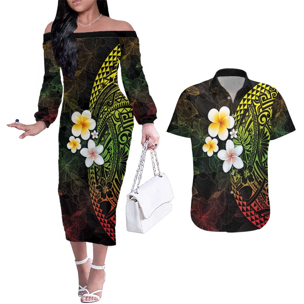 Hawaiian Hibiscus and Plumeria Polynesian Tribal Tattoo Couples Matching Off The Shoulder Long Sleeve Dress and Hawaiian Shirt Reggae Color