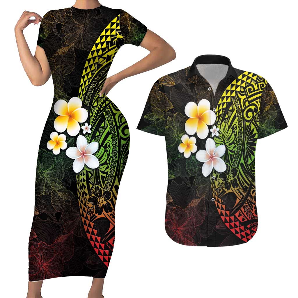 Hawaiian Hibiscus and Plumeria Polynesian Tribal Tattoo Couples Matching Short Sleeve Bodycon Dress and Hawaiian Shirt Reggae Color LT03 Reggae - Polynesian Pride