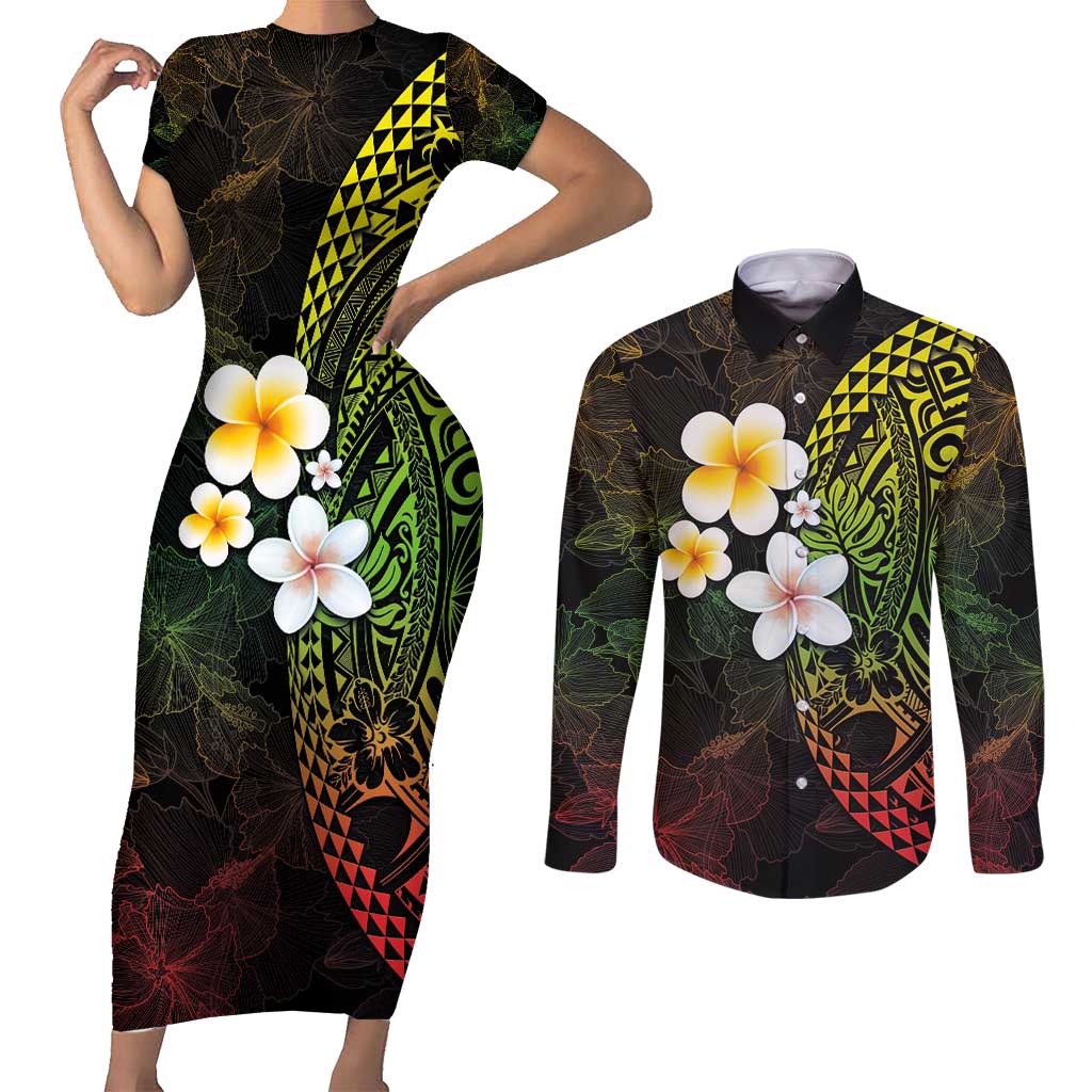 Hawaiian Hibiscus and Plumeria Polynesian Tribal Tattoo Couples Matching Short Sleeve Bodycon Dress and Long Sleeve Button Shirt Reggae Color LT03 Reggae - Polynesian Pride