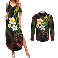Hawaiian Hibiscus and Plumeria Polynesian Tribal Tattoo Couples Matching Summer Maxi Dress and Long Sleeve Button Shirt Reggae Color