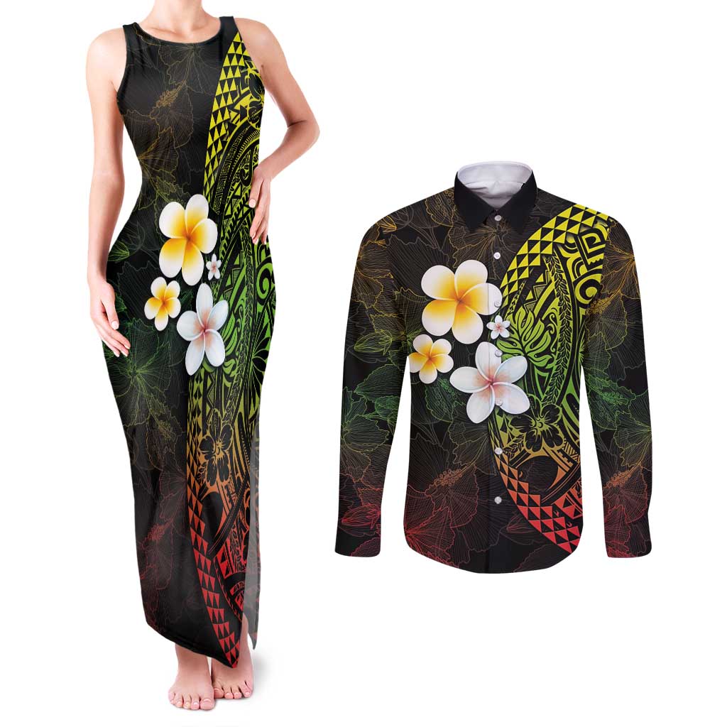 Hawaiian Hibiscus and Plumeria Polynesian Tribal Tattoo Couples Matching Tank Maxi Dress and Long Sleeve Button Shirt Reggae Color