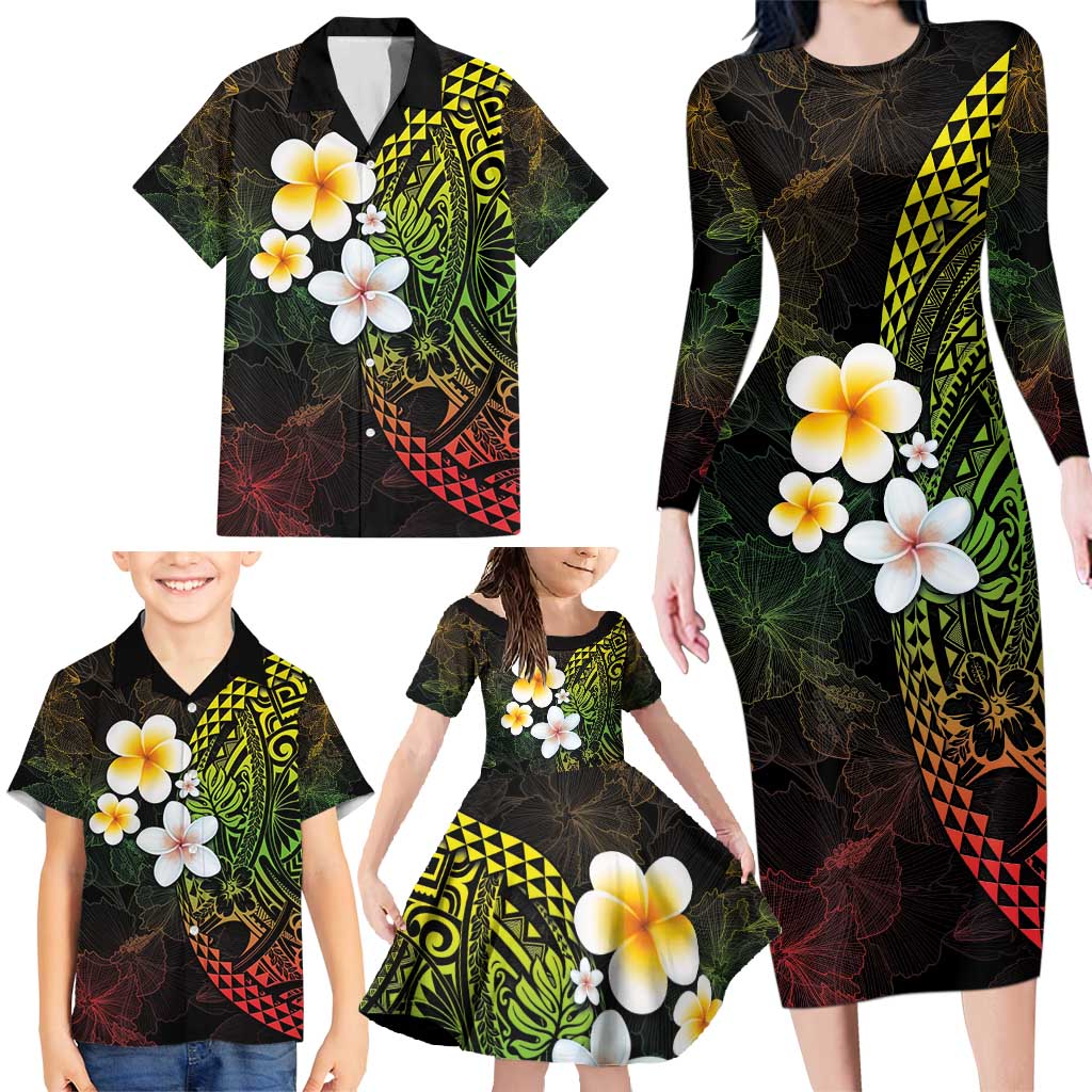 Hawaiian Hibiscus and Plumeria Polynesian Tribal Tattoo Family Matching Long Sleeve Bodycon Dress and Hawaiian Shirt Reggae Color