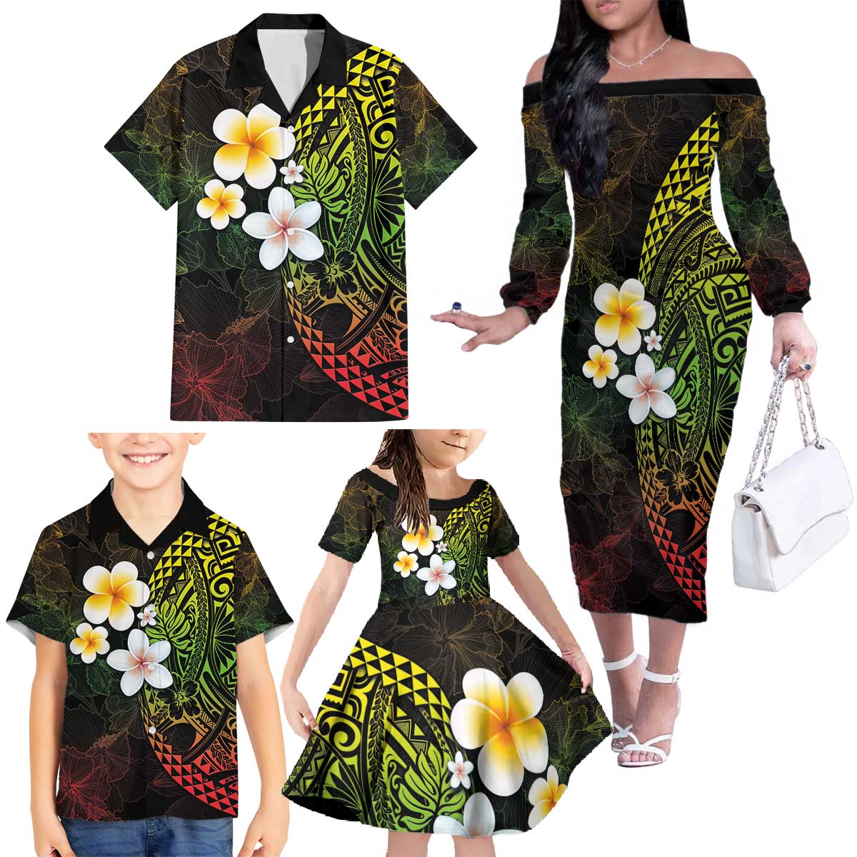 Hawaiian Hibiscus and Plumeria Polynesian Tribal Tattoo Family Matching Off The Shoulder Long Sleeve Dress and Hawaiian Shirt Reggae Color