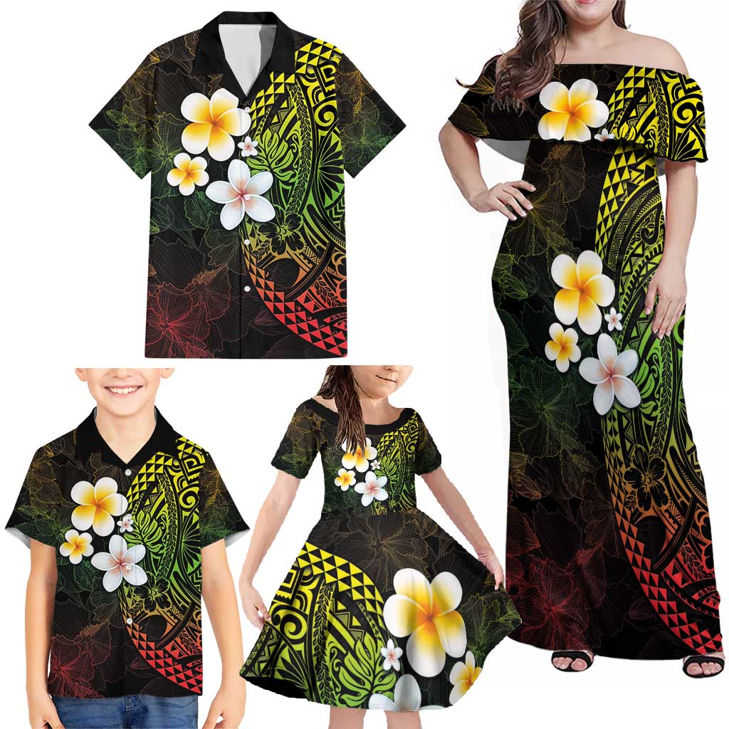 Hawaiian Hibiscus and Plumeria Polynesian Tribal Tattoo Family Matching Off Shoulder Maxi Dress and Hawaiian Shirt Reggae Color