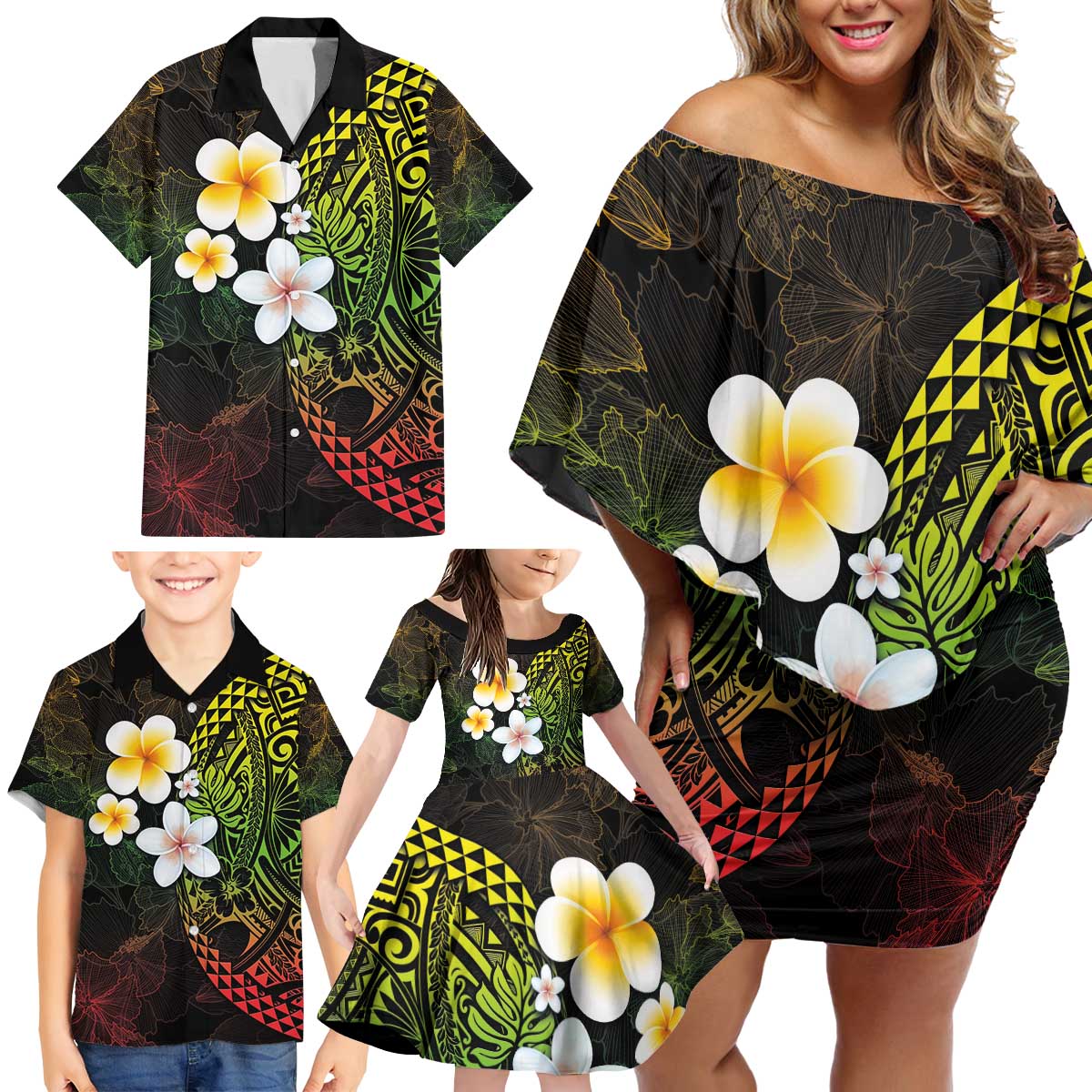 Hawaiian Hibiscus and Plumeria Polynesian Tribal Tattoo Family Matching Off Shoulder Short Dress and Hawaiian Shirt Reggae Color