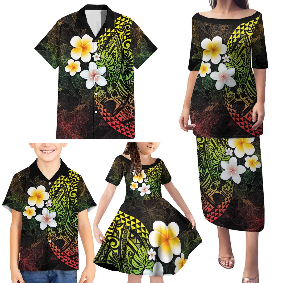 Hawaiian Hibiscus and Plumeria Polynesian Tribal Tattoo Family Matching Puletasi and Hawaiian Shirt Reggae Color LT03 - Polynesian Pride