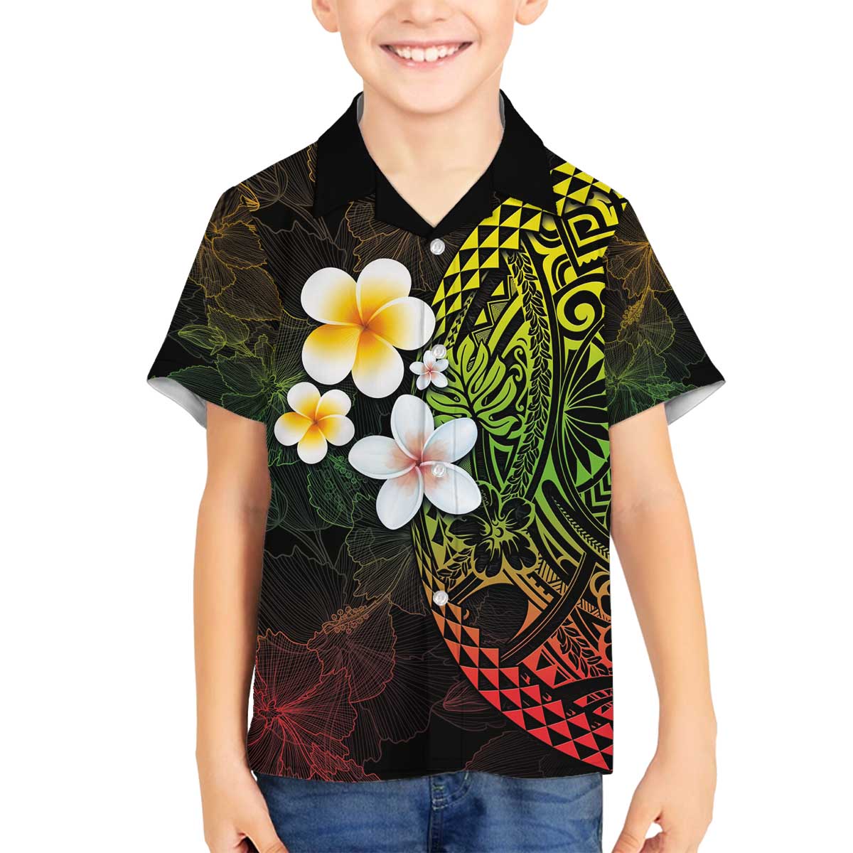 Hawaiian Hibiscus and Plumeria Polynesian Tribal Tattoo Family Matching Puletasi and Hawaiian Shirt Reggae Color