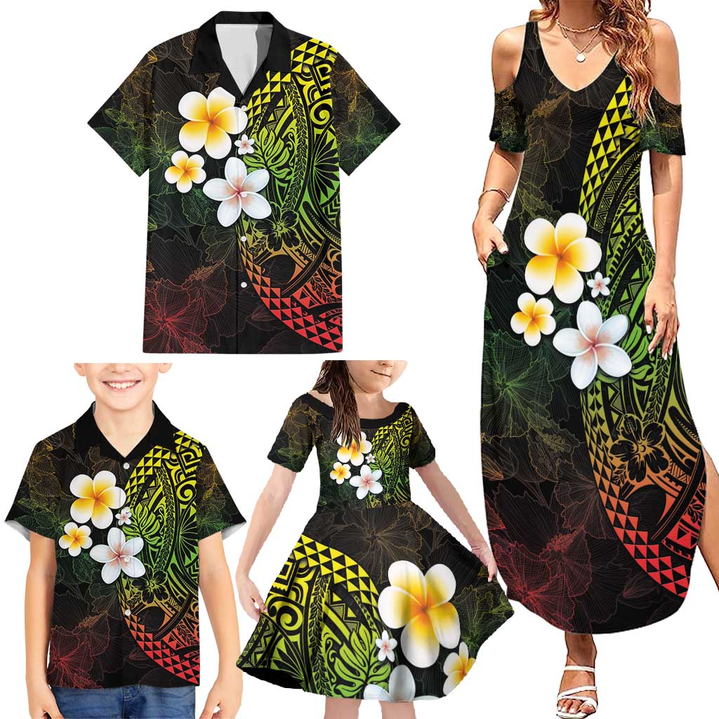 Hawaiian Hibiscus and Plumeria Polynesian Tribal Tattoo Family Matching Summer Maxi Dress and Hawaiian Shirt Reggae Color LT03 - Polynesian Pride