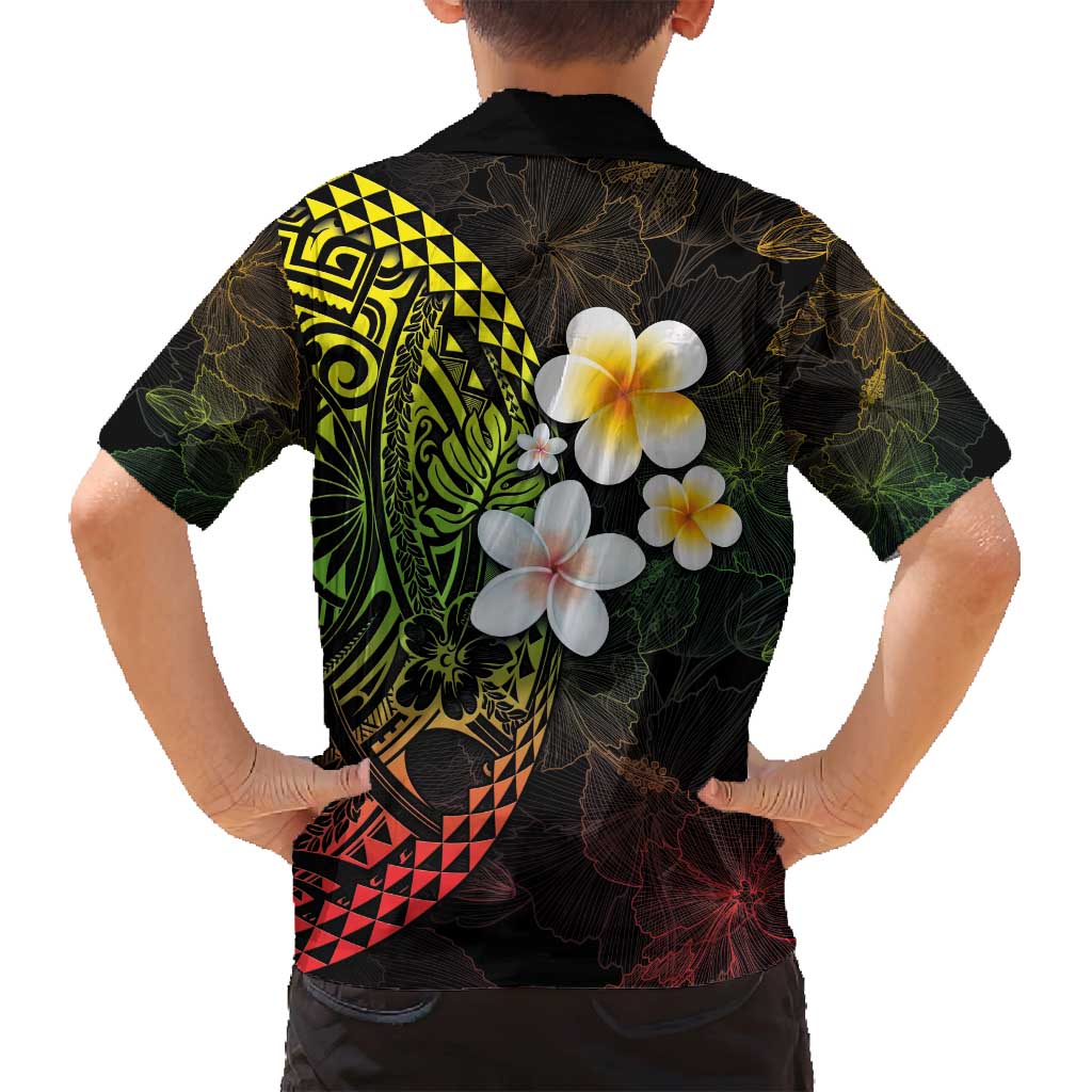 Hawaiian Hibiscus and Plumeria Polynesian Tribal Tattoo Family Matching Tank Maxi Dress and Hawaiian Shirt Reggae Color