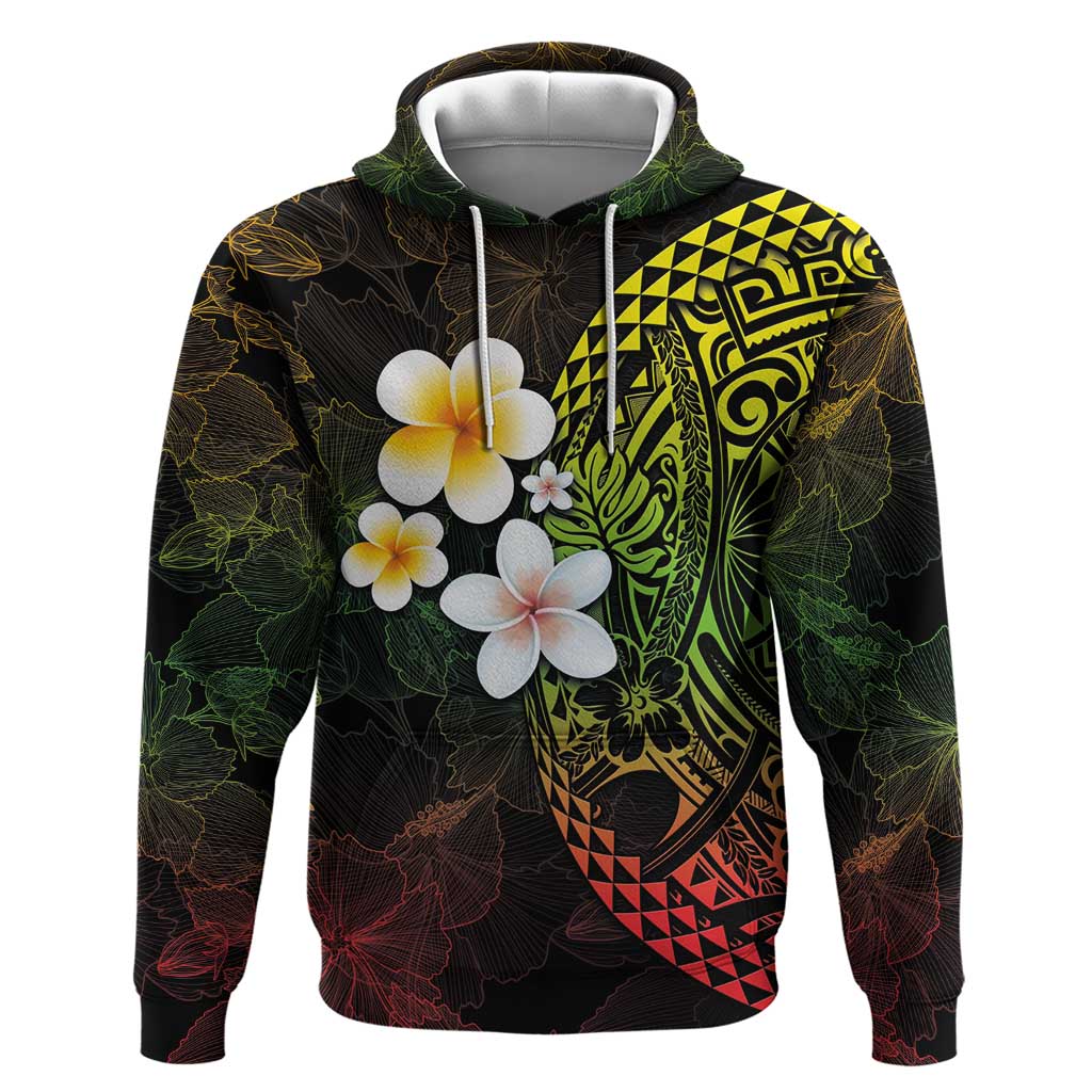 Hawaiian Hibiscus and Plumeria Polynesian Tribal Tattoo Hoodie Reggae Color