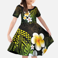 Hawaiian Hibiscus and Plumeria Polynesian Tribal Tattoo Kid Short Sleeve Dress Reggae Color