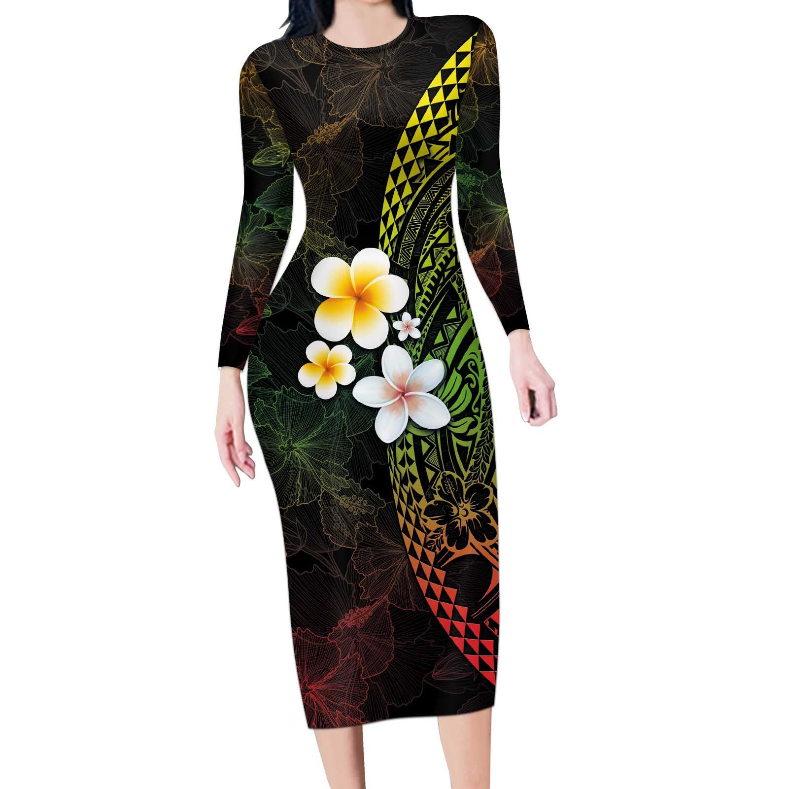 Hawaiian Hibiscus and Plumeria Polynesian Tribal Tattoo Long Sleeve Bodycon Dress Reggae Color