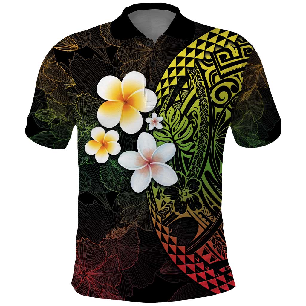 Hawaiian Hibiscus and Plumeria Polynesian Tribal Tattoo Polo Shirt Reggae Color