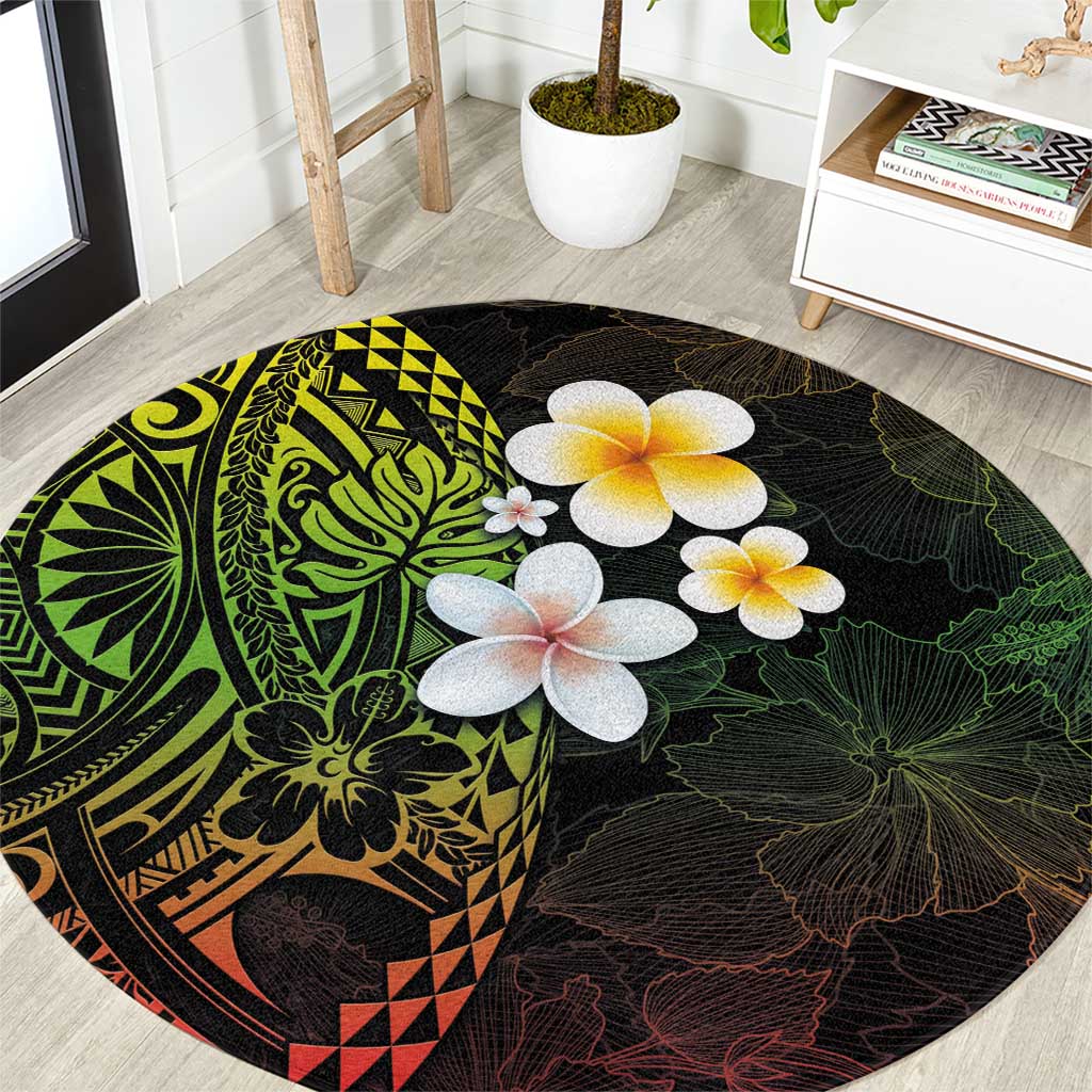 Hawaiian Hibiscus and Plumeria Polynesian Tribal Tattoo Round Carpet Reggae Color