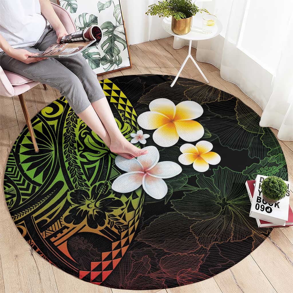 Hawaiian Hibiscus and Plumeria Polynesian Tribal Tattoo Round Carpet Reggae Color