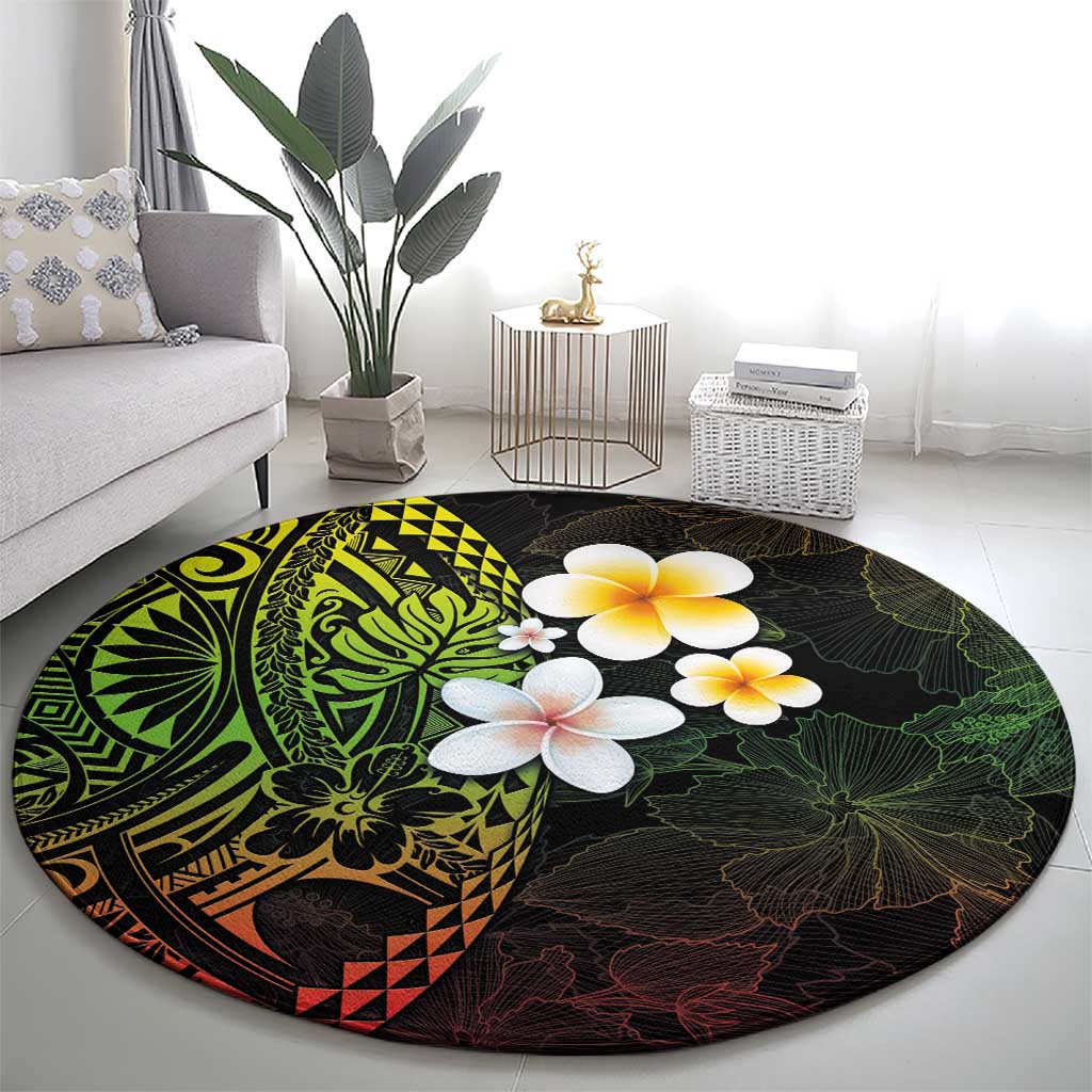 Hawaiian Hibiscus and Plumeria Polynesian Tribal Tattoo Round Carpet Reggae Color