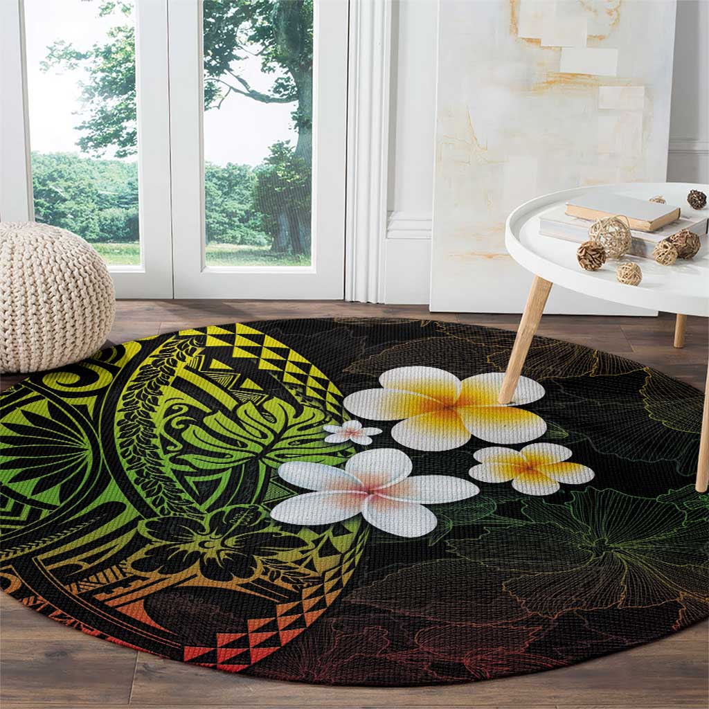 Hawaiian Hibiscus and Plumeria Polynesian Tribal Tattoo Round Carpet Reggae Color