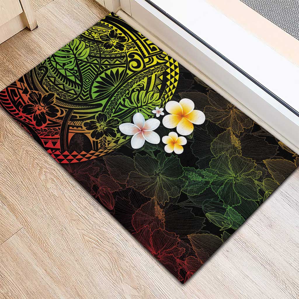 Hawaiian Hibiscus and Plumeria Polynesian Tribal Tattoo Rubber Doormat Reggae Color LT03 - Polynesian Pride