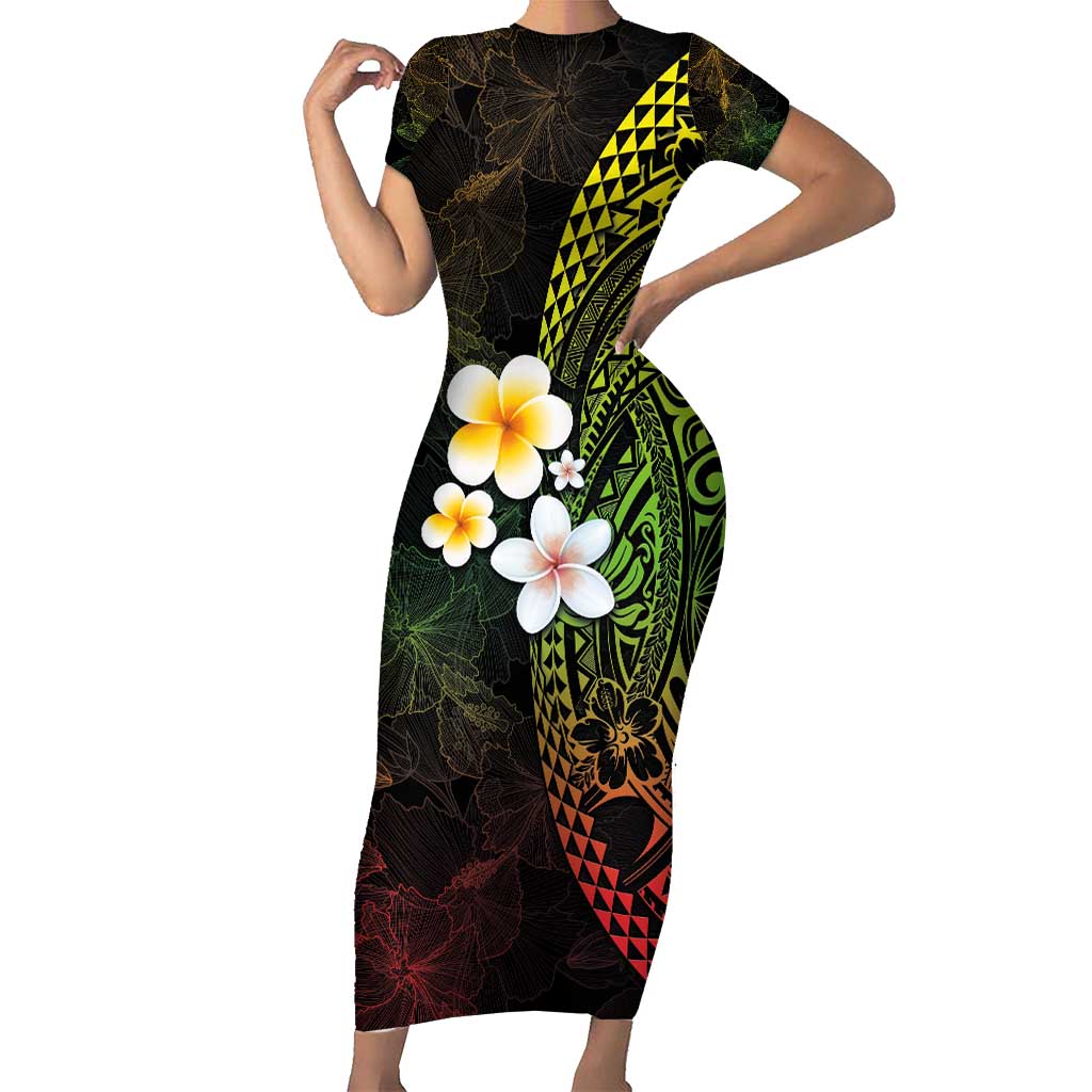 Hawaiian Hibiscus and Plumeria Polynesian Tribal Tattoo Short Sleeve Bodycon Dress Reggae Color