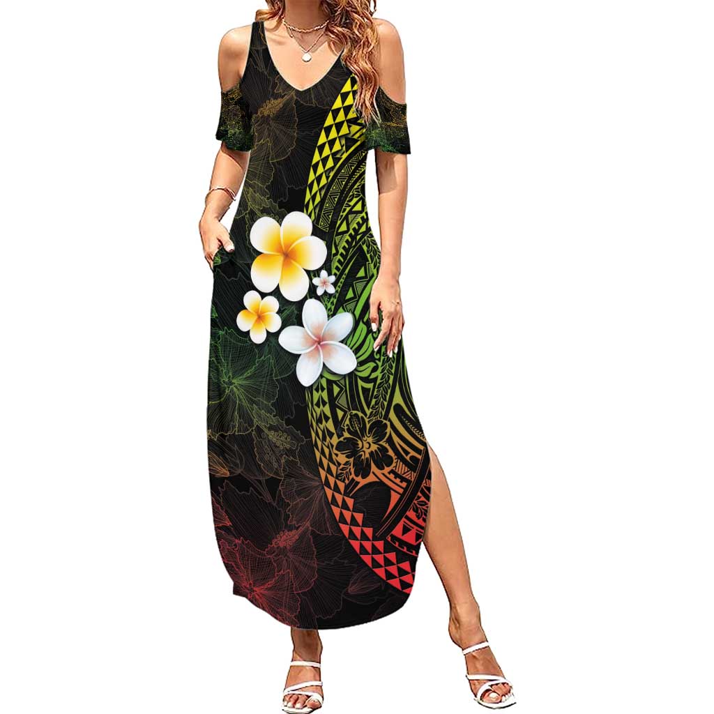 Hawaiian Hibiscus and Plumeria Polynesian Tribal Tattoo Summer Maxi Dress Reggae Color LT03 Women Reggae - Polynesian Pride