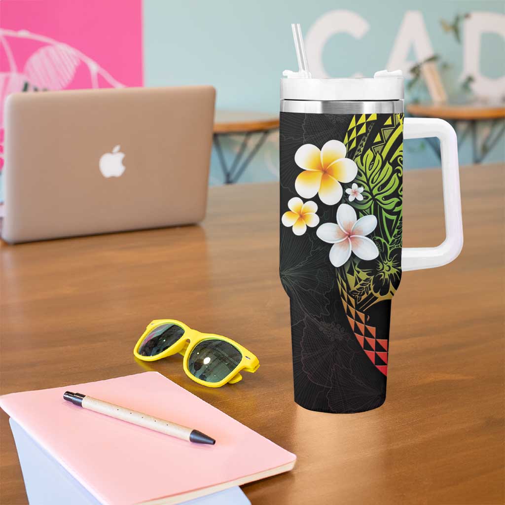 Hawaiian Hibiscus and Plumeria Polynesian Tribal Tattoo Tumbler With Handle Reggae Color