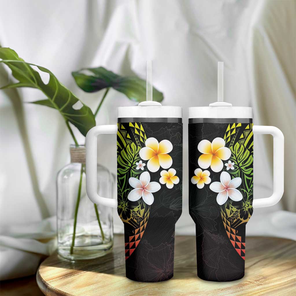 Hawaiian Hibiscus and Plumeria Polynesian Tribal Tattoo Tumbler With Handle Reggae Color
