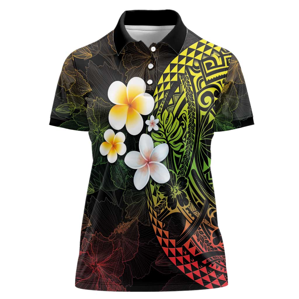 Hawaiian Hibiscus and Plumeria Polynesian Tribal Tattoo Women Polo Shirt Reggae Color