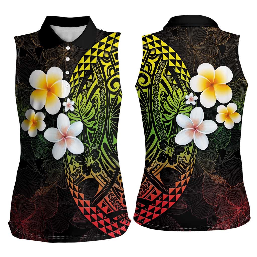 Hawaiian Hibiscus and Plumeria Polynesian Tribal Tattoo Women Sleeveless Polo Shirt Reggae Color