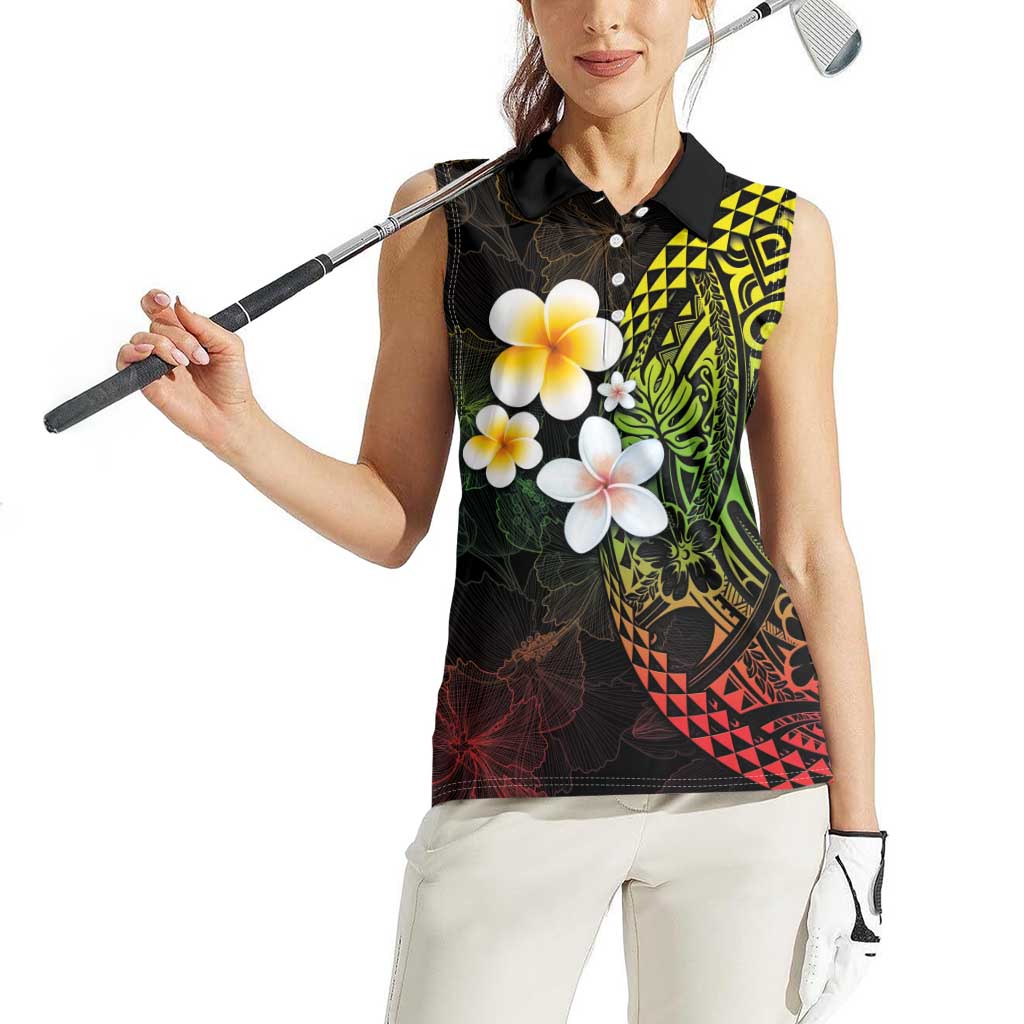 Hawaiian Hibiscus and Plumeria Polynesian Tribal Tattoo Women Sleeveless Polo Shirt Reggae Color