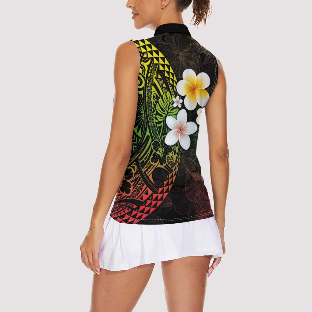Hawaiian Hibiscus and Plumeria Polynesian Tribal Tattoo Women Sleeveless Polo Shirt Reggae Color