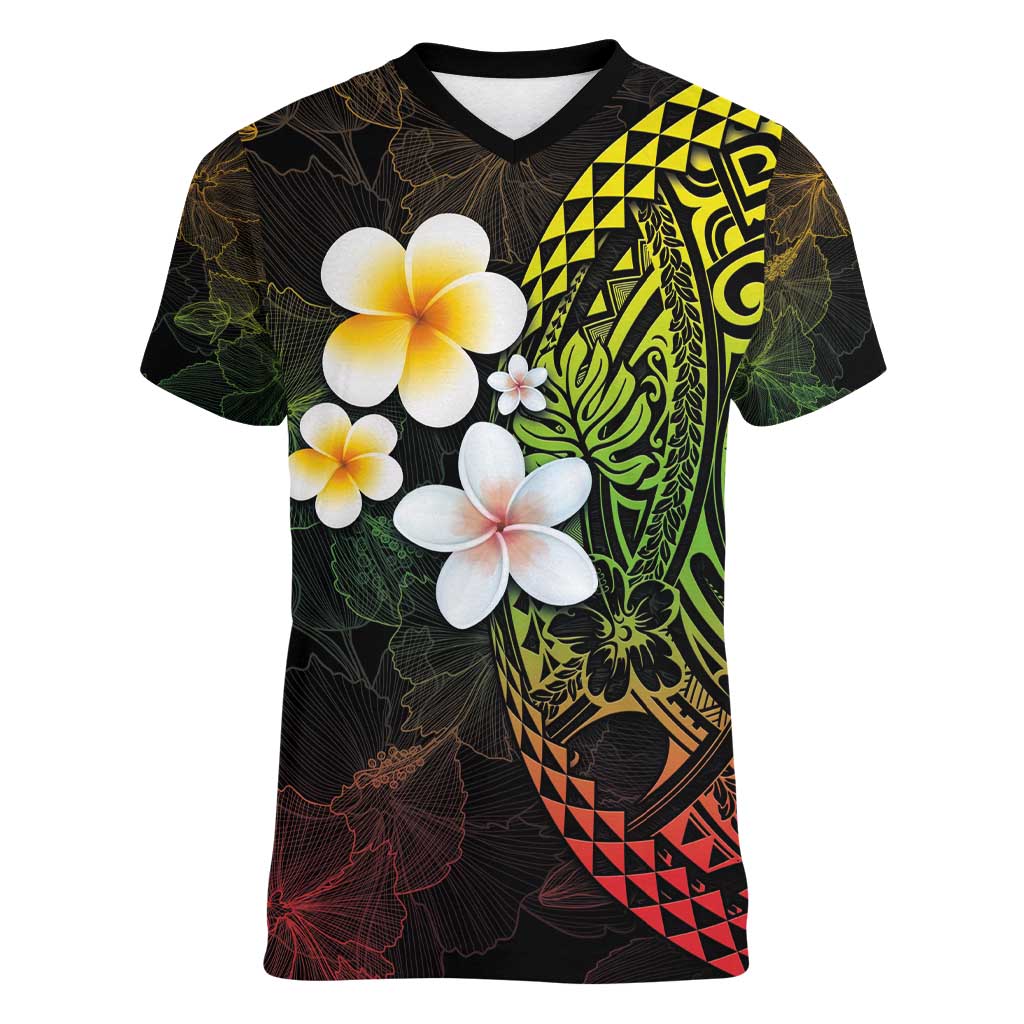 Hawaiian Hibiscus and Plumeria Polynesian Tribal Tattoo Women V-Neck T-Shirt Reggae Color LT03 Female Reggae - Polynesian Pride