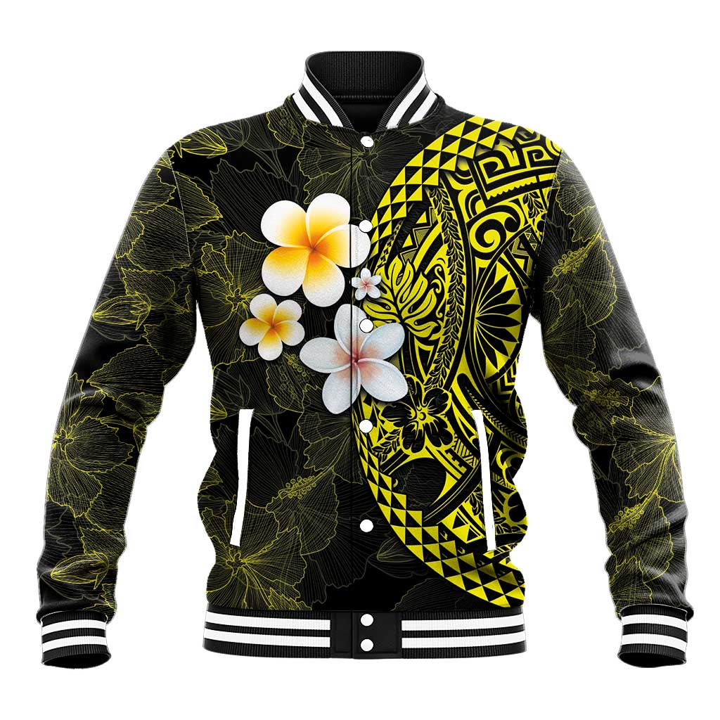 Hawaiian Hibiscus and Plumeria Polynesian Tribal Tattoo Baseball Jacket Yellow Color LT03 Unisex Yellow - Polynesian Pride