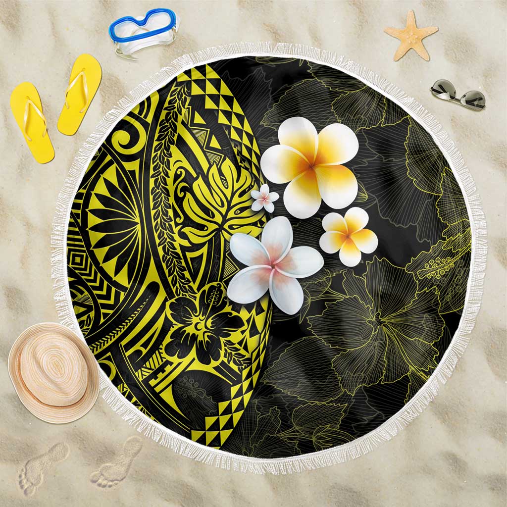 Hawaiian Hibiscus and Plumeria Polynesian Tribal Tattoo Beach Blanket Yellow Color