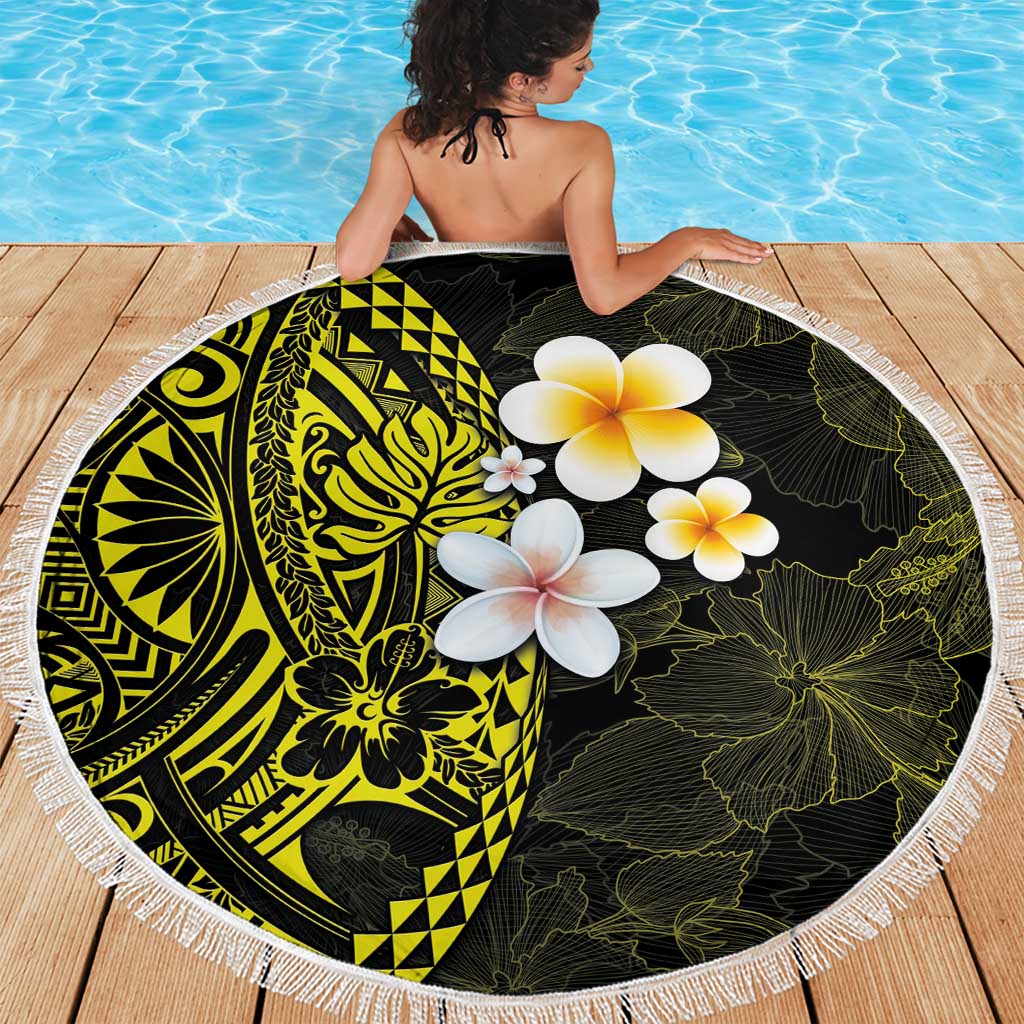 Hawaiian Hibiscus and Plumeria Polynesian Tribal Tattoo Beach Blanket Yellow Color LT03 - Polynesian Pride